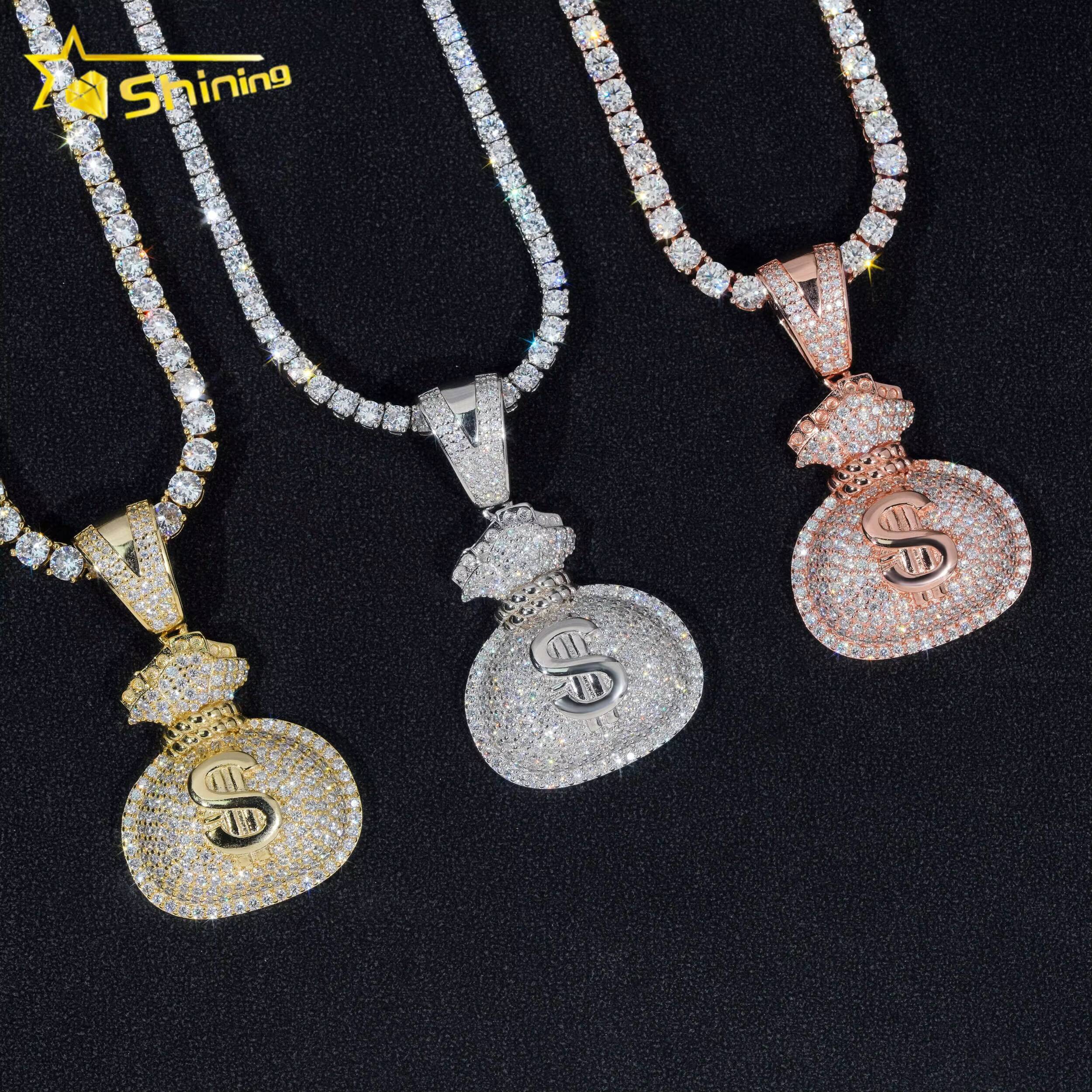 RTS Pass Diamond Tester Fine Jewelry 925 Silver Gold Plated Diamond Iced Out Hip Hop Custom Money Bag Moissanite Pendant