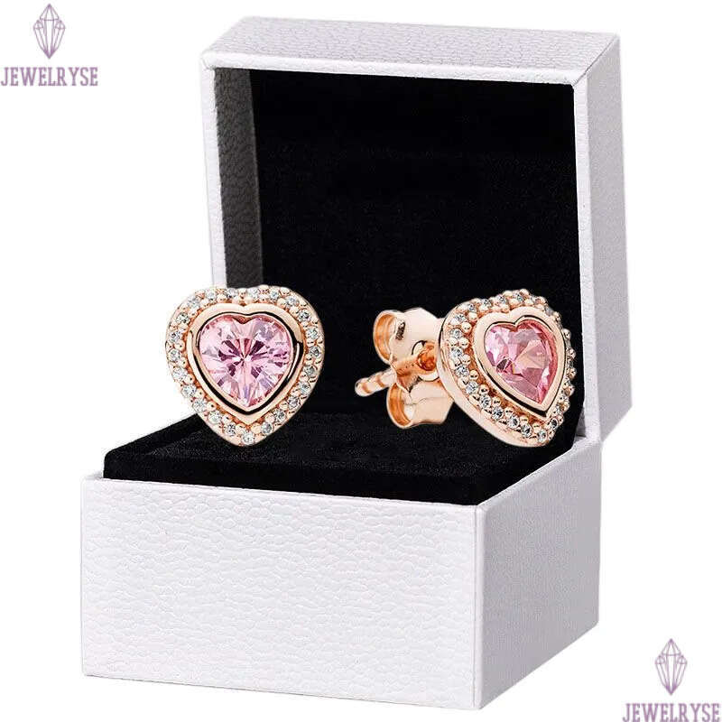 Rose Gold Pink Stone Heart Stud Authentic 925 Silver designer Earrings Women Wedding Party Jewelry Crystal earrings with Luxurious Retail Box Set