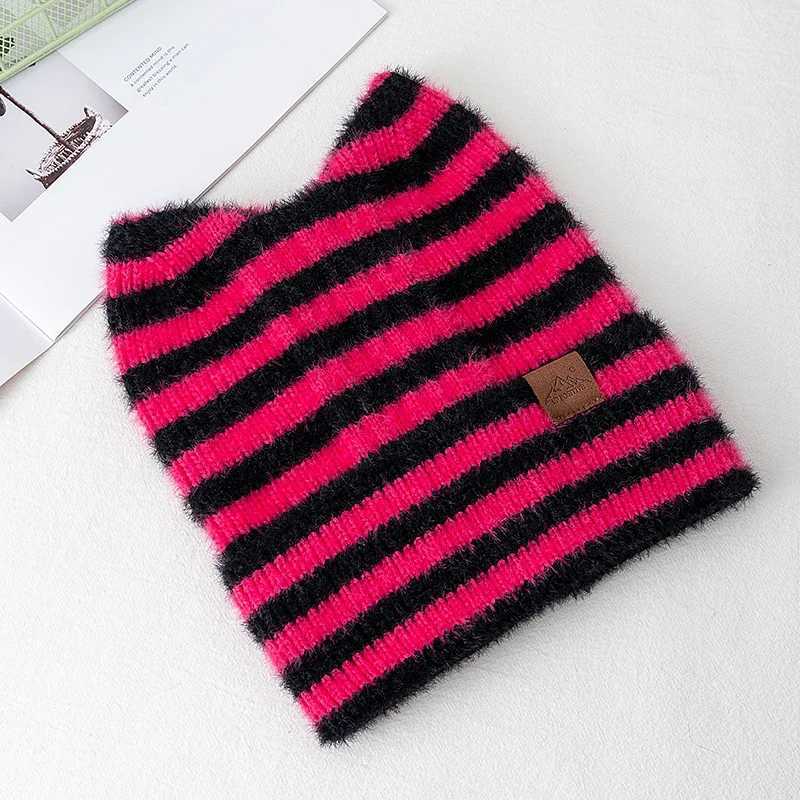 Luxury Lovely Hat Cute Cat Ear Beanie Cap Winter Hats For Women Y2K All Stripes Fashion Outdoor Warm Hat Beanie Warm Cap For Girl Gift Y251209