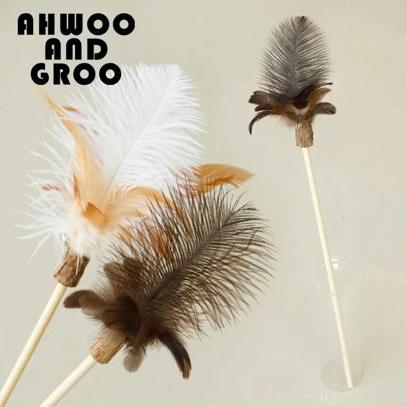 Wooden Stick Ostrich Wool Cat Teaser Wand Kitty Interactive Toys Kitten Funny Feather Colorful Rod Teaser Wand Pet Cat Supplies M251209