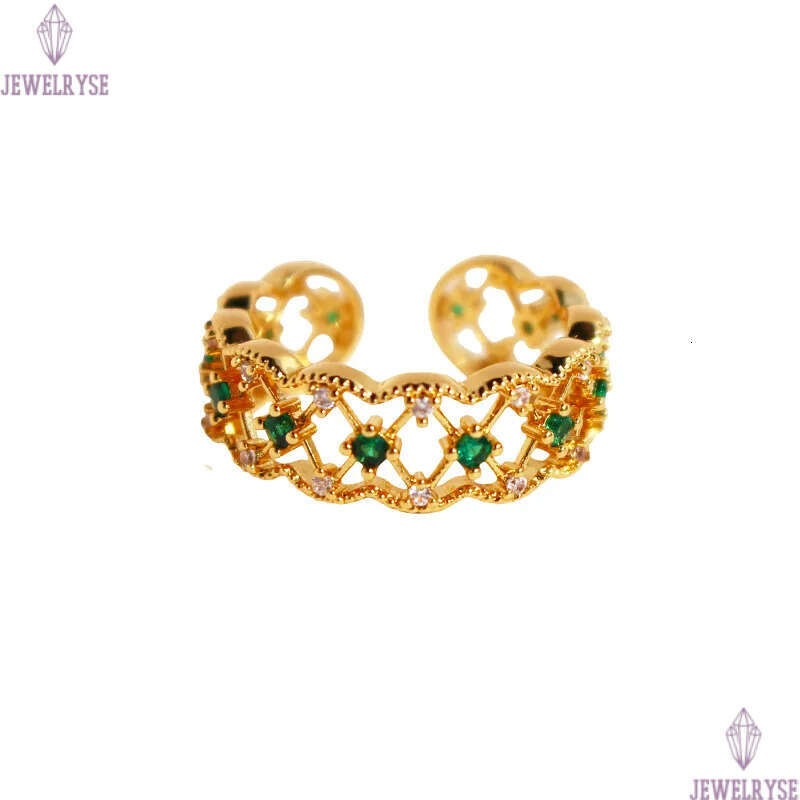 18k gold luxury green stone rings for women hollow lace rhombus designer retro vintage palace style geometry engagement ring jewelry size open