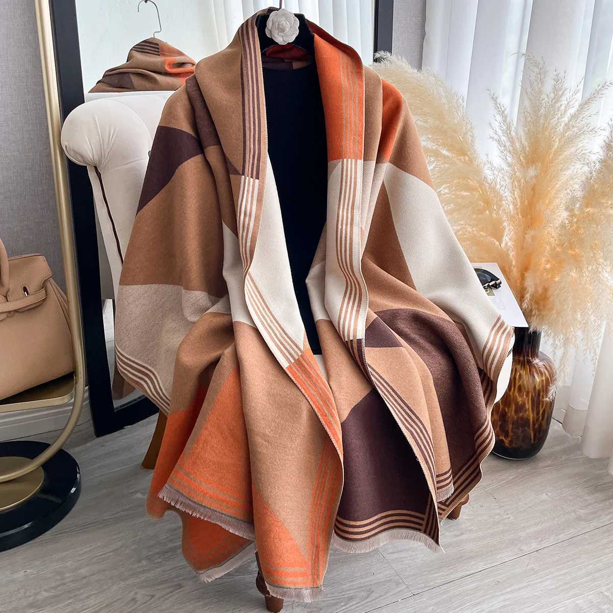 Luxury Brand Winter Blanket Scarf Shawl for Women Warm Pashmina Geometric Color blocks Print Wrap Imitation Cashmere Foulard Scraves Y251208