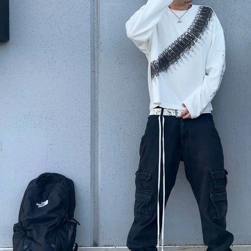 y2k Bullet Letter Printed American Retro Long Sleeve T-shirt Street Style Casual Loose Mens and Womens Top 251205