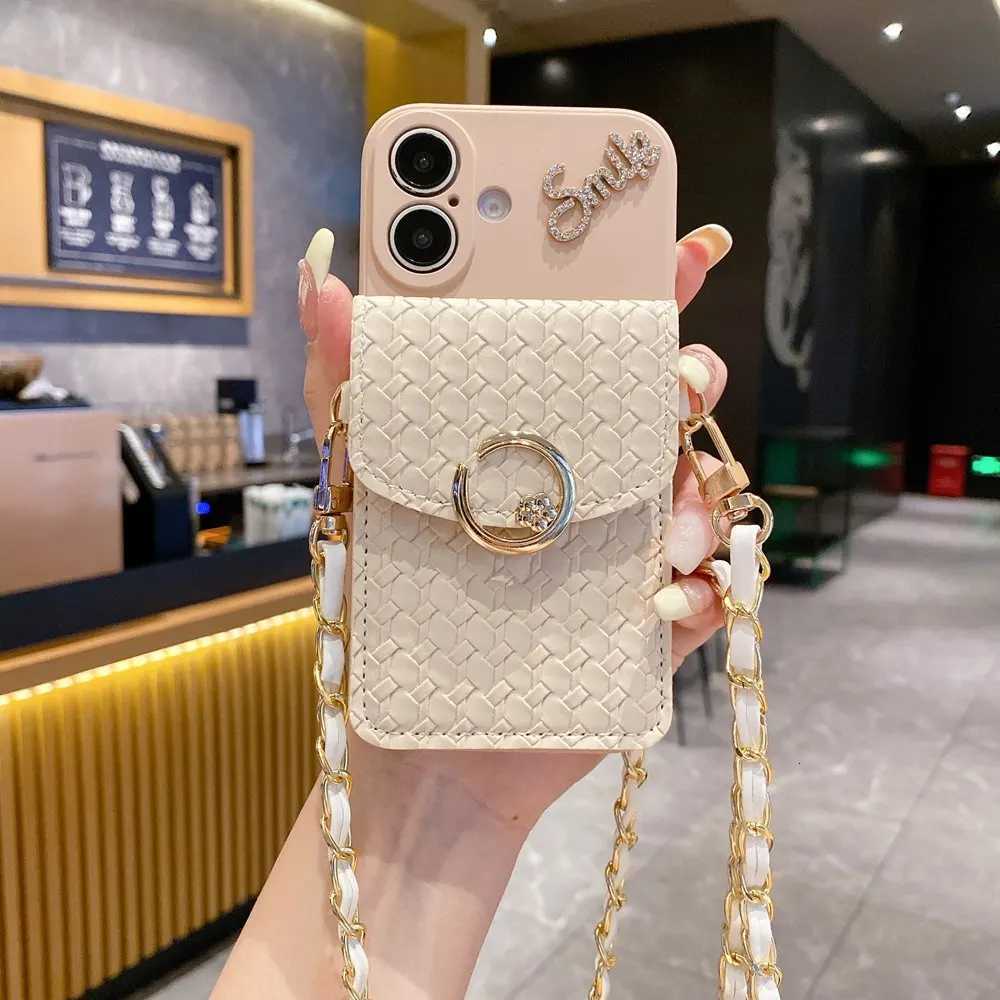 Luxury Woven Pattern Wallet Card Holder Phone Case for iPhone 16 11 12 13 14 15 Pro Max Card Bag Crossbody Strap Lanyard Cover C251209