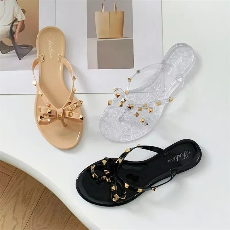 2025 Summer Women Slippers Bow Flip Flops Rivet Flats Sandals Outdoor Transparent Crystal Beach Shoes Female Open Toe Shoes 251204