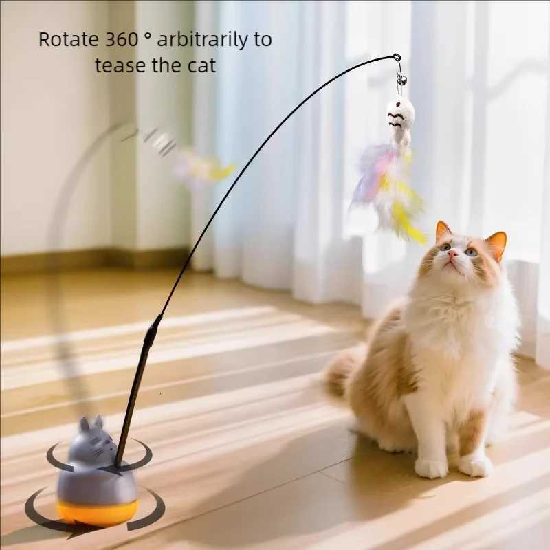 Rotatable Base Cat Teaser Wand Interactive Toy Steel Wire Long Pole Feather for Indoor Cats Novel Ways to Play Endless Fun Pet M251209