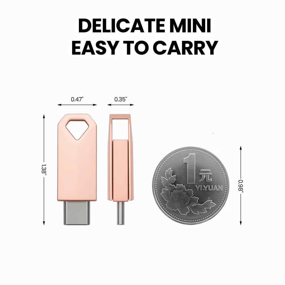 MINI TYPE C 2in1 Metal USB flash drive 128GB 64GB 256GB key chain Pen drive Rose gold Pendrive 32GB 16GB 8GB gift C251209