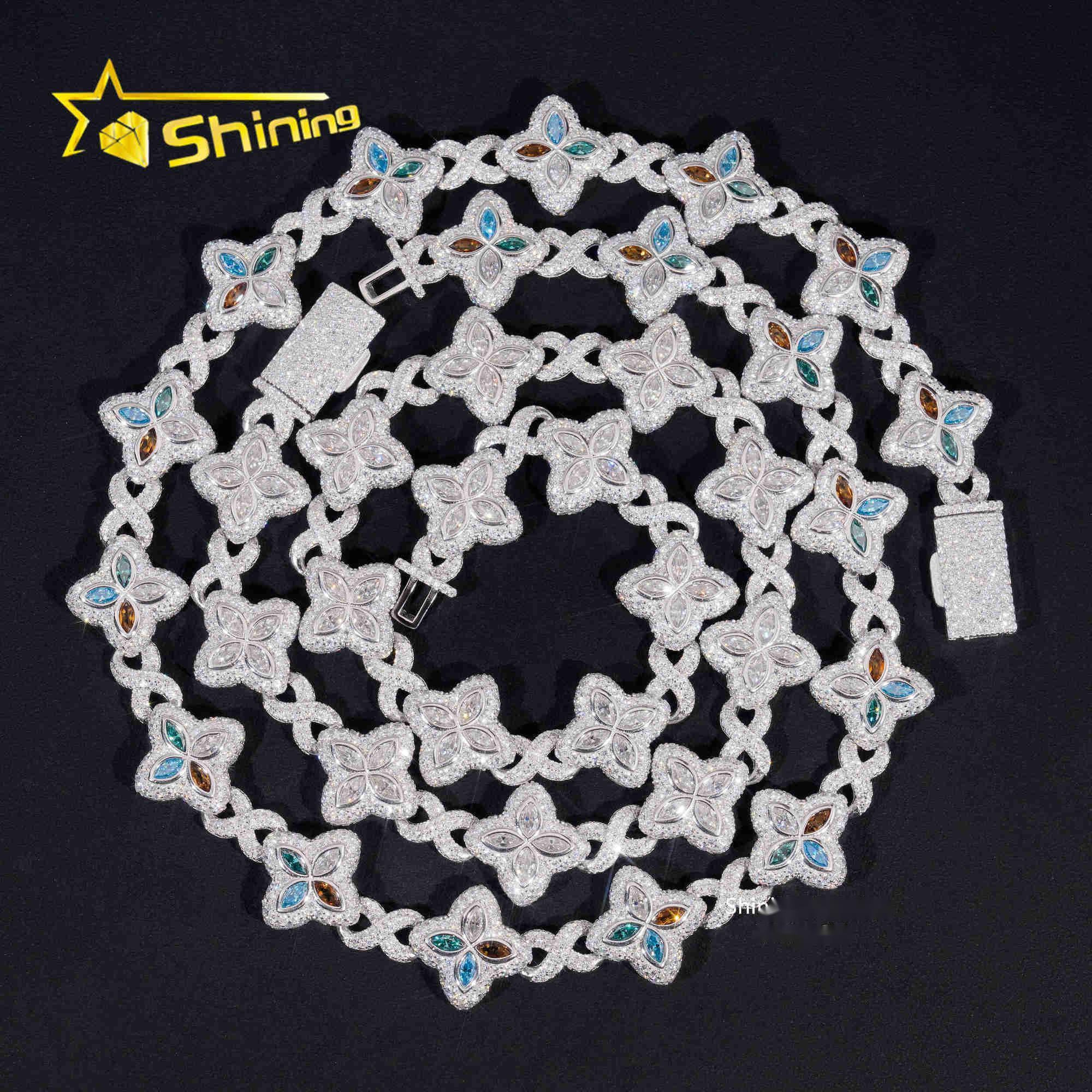 Rapper Hip Hop Jewelry Iced Out Moissanite Necklace 925 Silver Colored Four Leaf Clover VVS Moissanite Cuban Link Chain