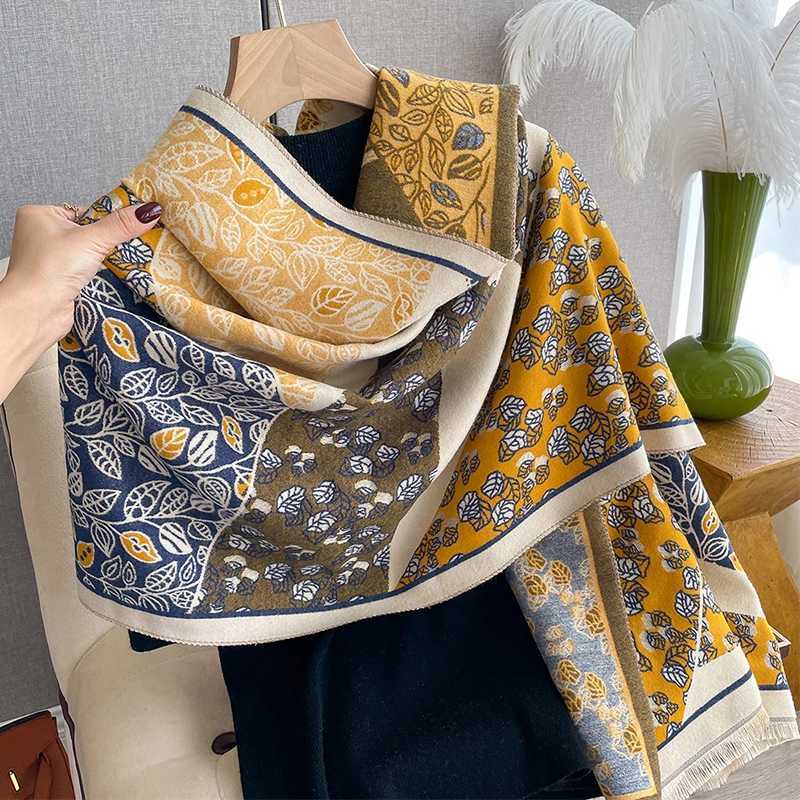 Luxury Luxury Cashmere Fallen leaves Scarf Winter Women Pashmina Shawls Warm Blanket Wraps Female Foulard Bandana Thick Scarves Hijab Y251208