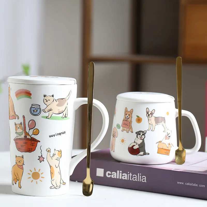 Cartoon Cat and Dog Cup Ceramic Drinkware g Coffee g Spoon with Lid Off Breakfast Milk Water gs Couple Desk Decoration H251209
