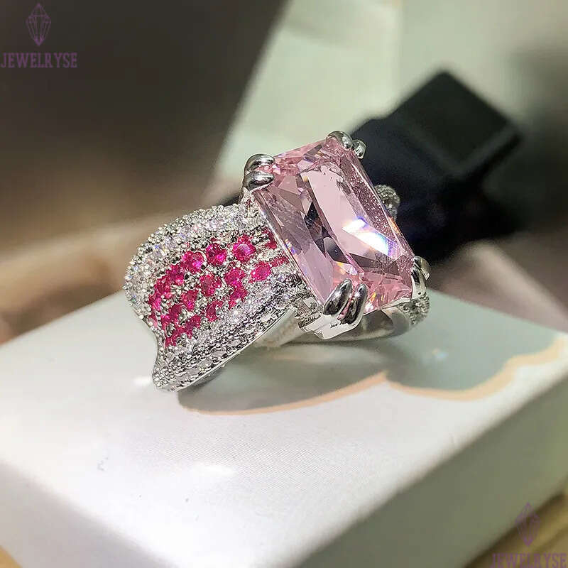 Lovely Pink CZ Zircon Diamond Rings for Women Girls Nice Elegant Love Luxury Designer Cute Big Square Stone Chinese Finger Ring Jewelry