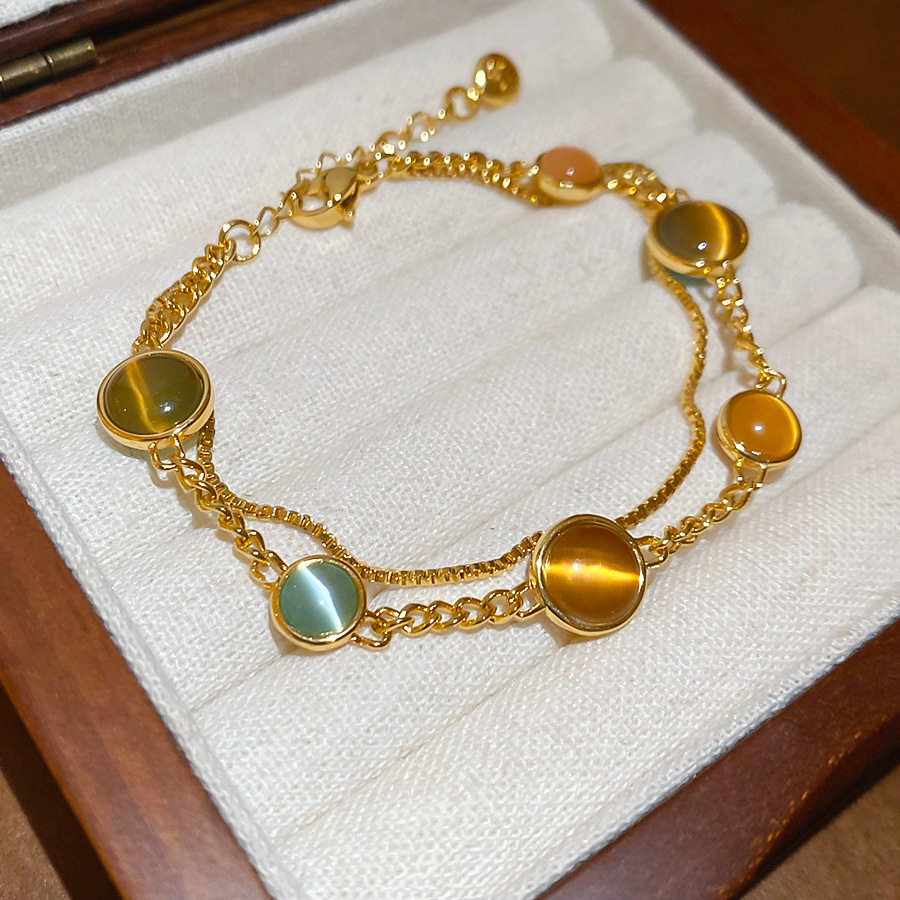 18K Real Gold Plated Cat's Eye Stone Round Double Layer Vintage Palace Style Bracelet Light Luxury High-end Feel Jewelry for Women - view 6