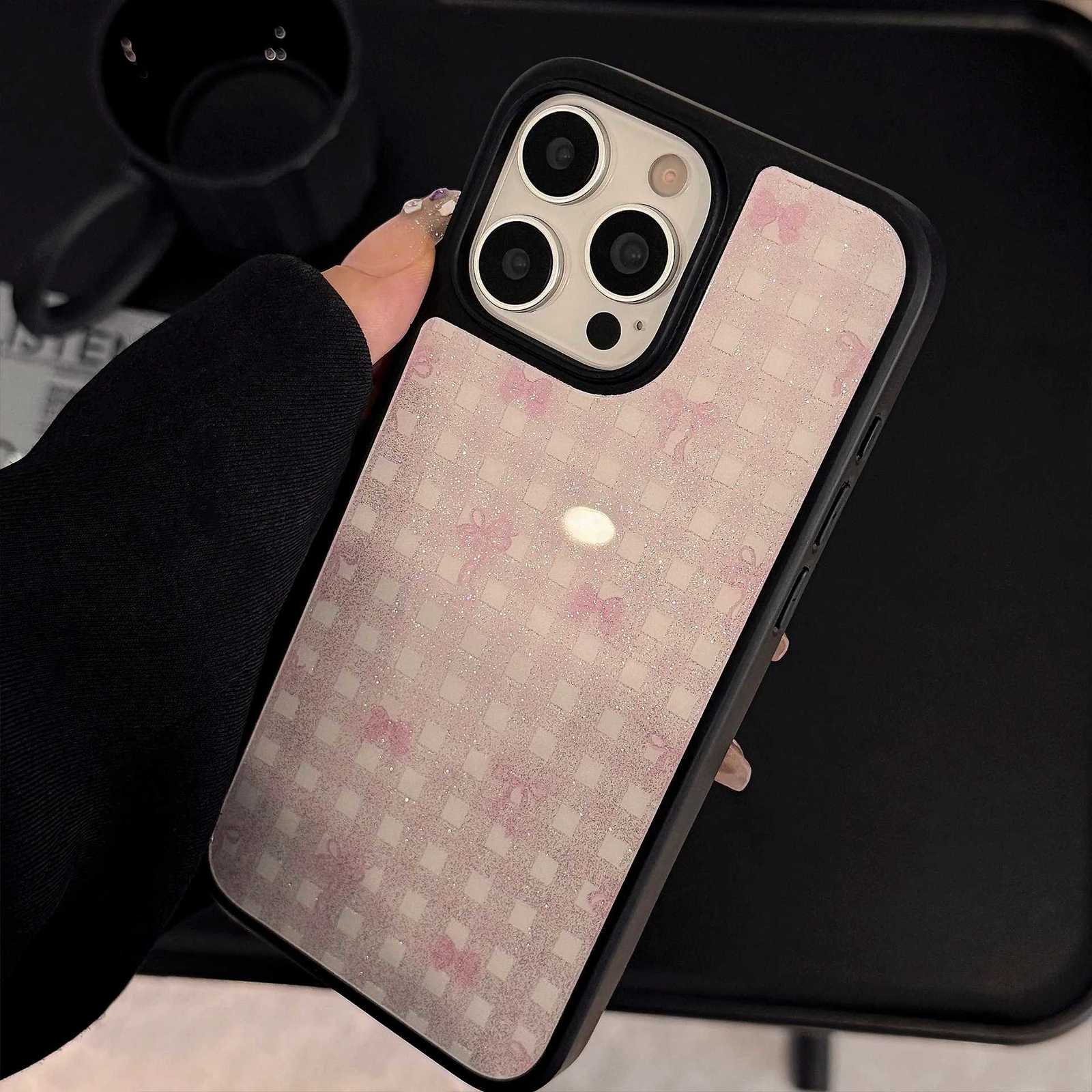 Korean Black Edge Bowknot Grid Pattern Glitter Phone Case For iPhone 17 16 15 14 12 13 12 Pro Max 11 Shockproof Hard Cover C251209