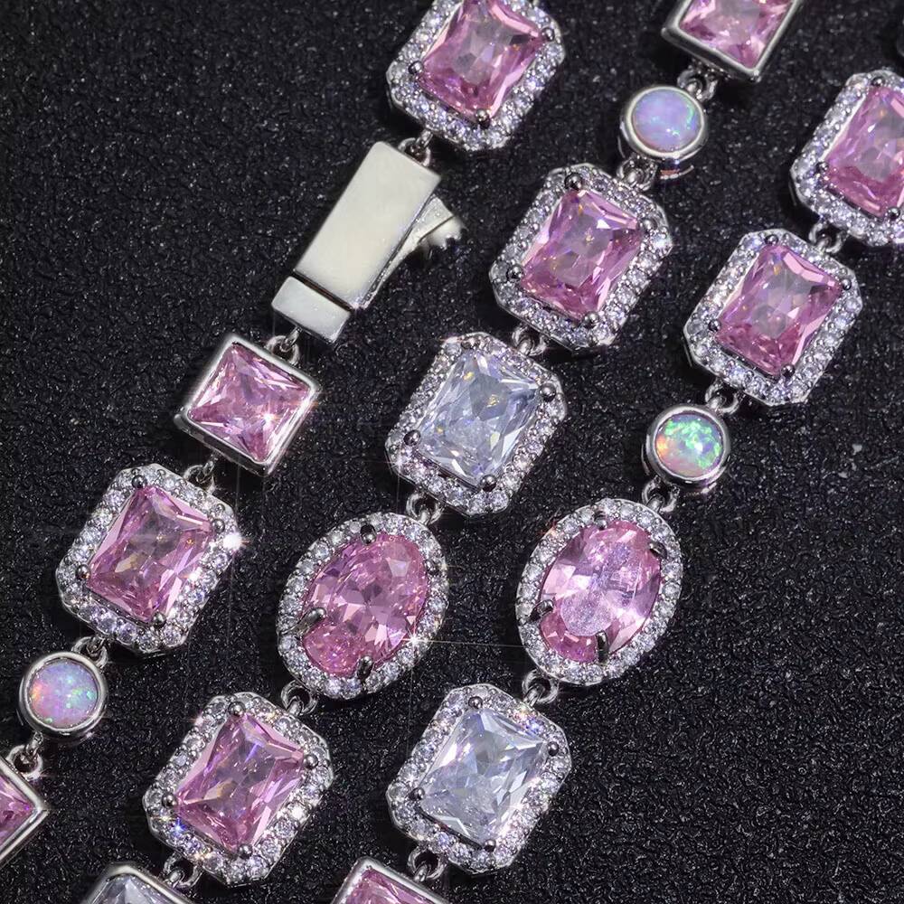 NUOYA 10mm Opal Custom Bling Pink Cz Stone Chain Silver Gold Plated Necklace Geometric Gemstone Motif Iced Out Link Chain