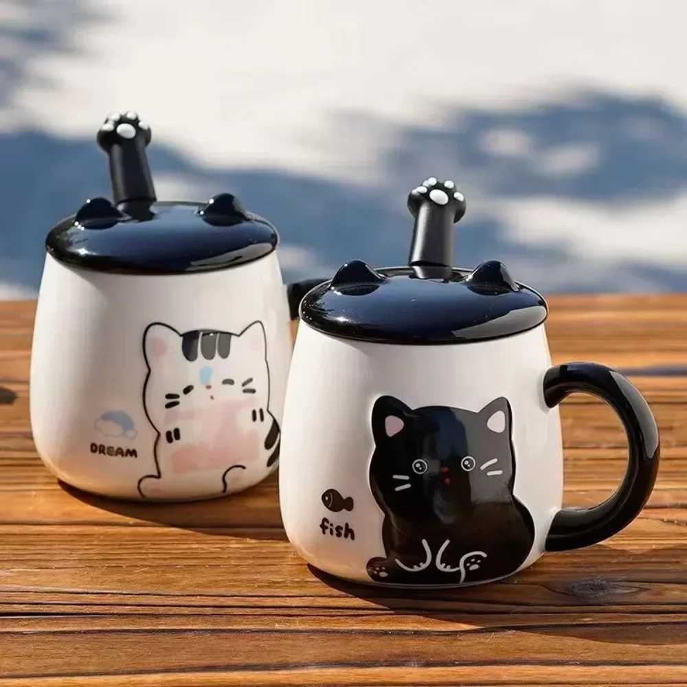 White Black Cat Ceramic gs with Lids Spoons Cute Girl Couple Coffee Cups Holiday Gifts Drinkware Water Bottle H251209