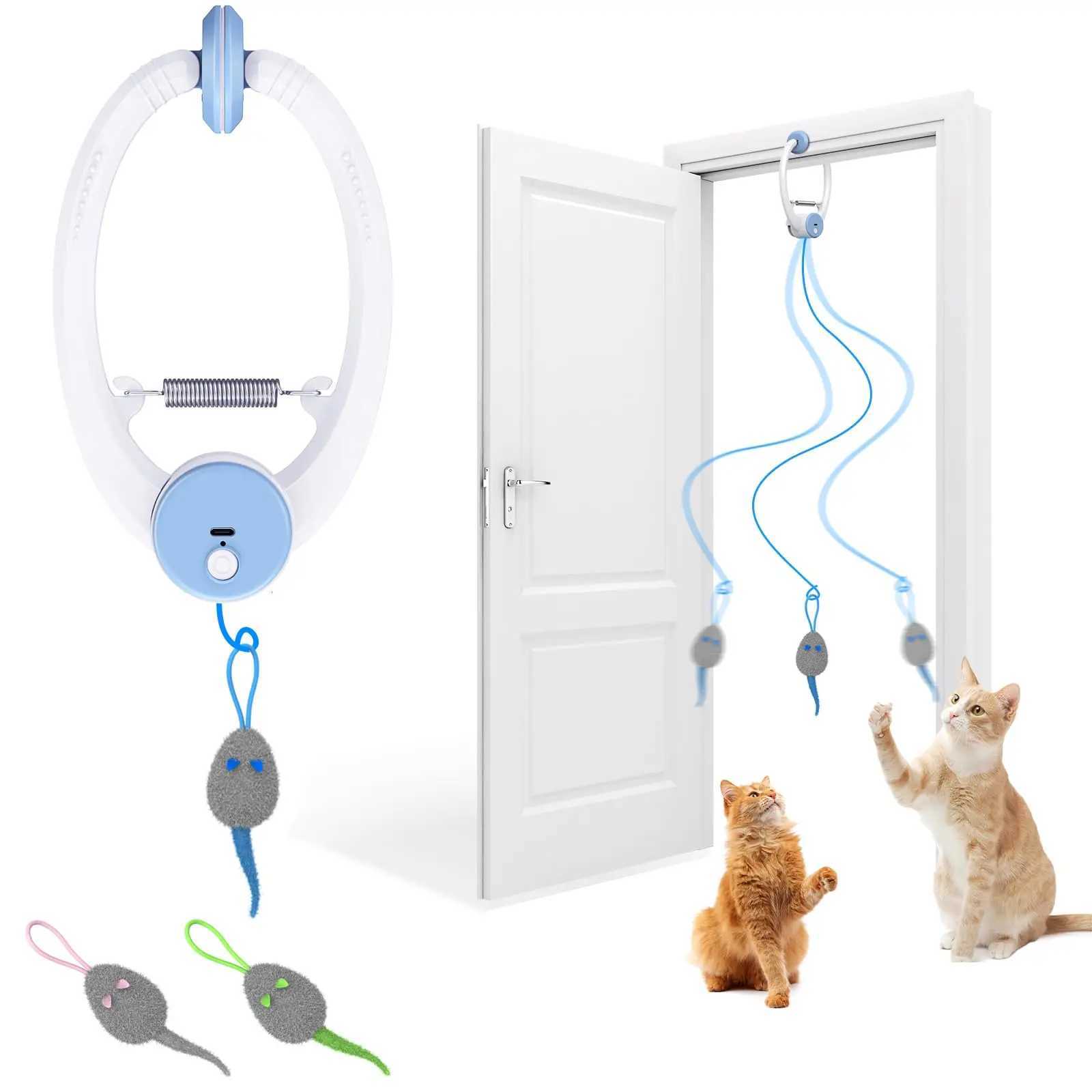 Door Hanging Auto-Rebound Cat Toy Retractable Kitten Teaser with 3 Catnip Mice Interactive Pet Play Toy for Indoor Cats - Whit M251209