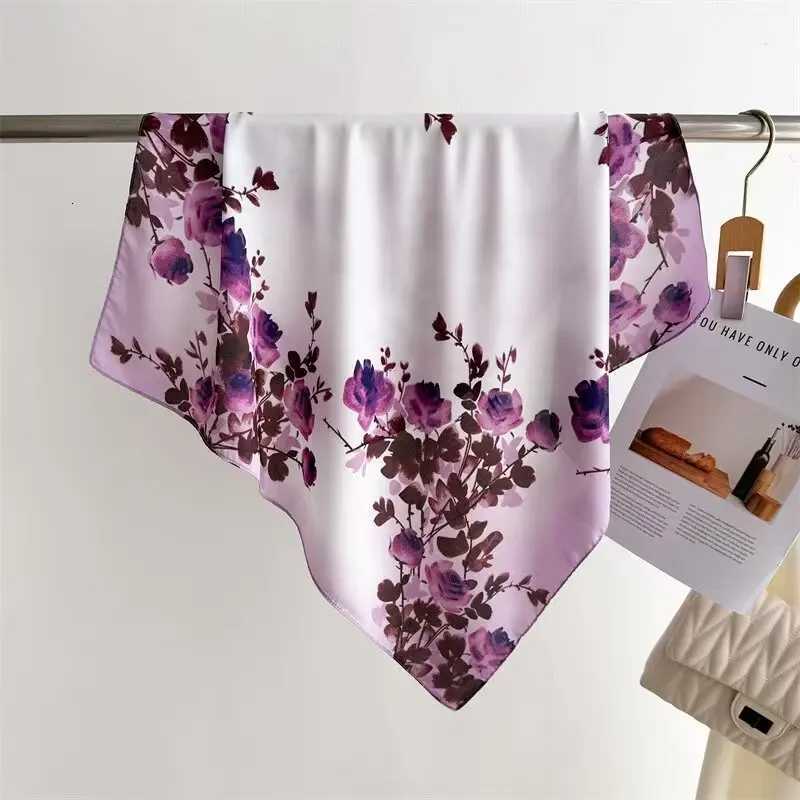 Luxury 68cm Purple Rose Printed Scarf Women New Spring Summer Imitation Silk Scarf High-end Versatile Shawl Sun Protection Headscarf Y251208