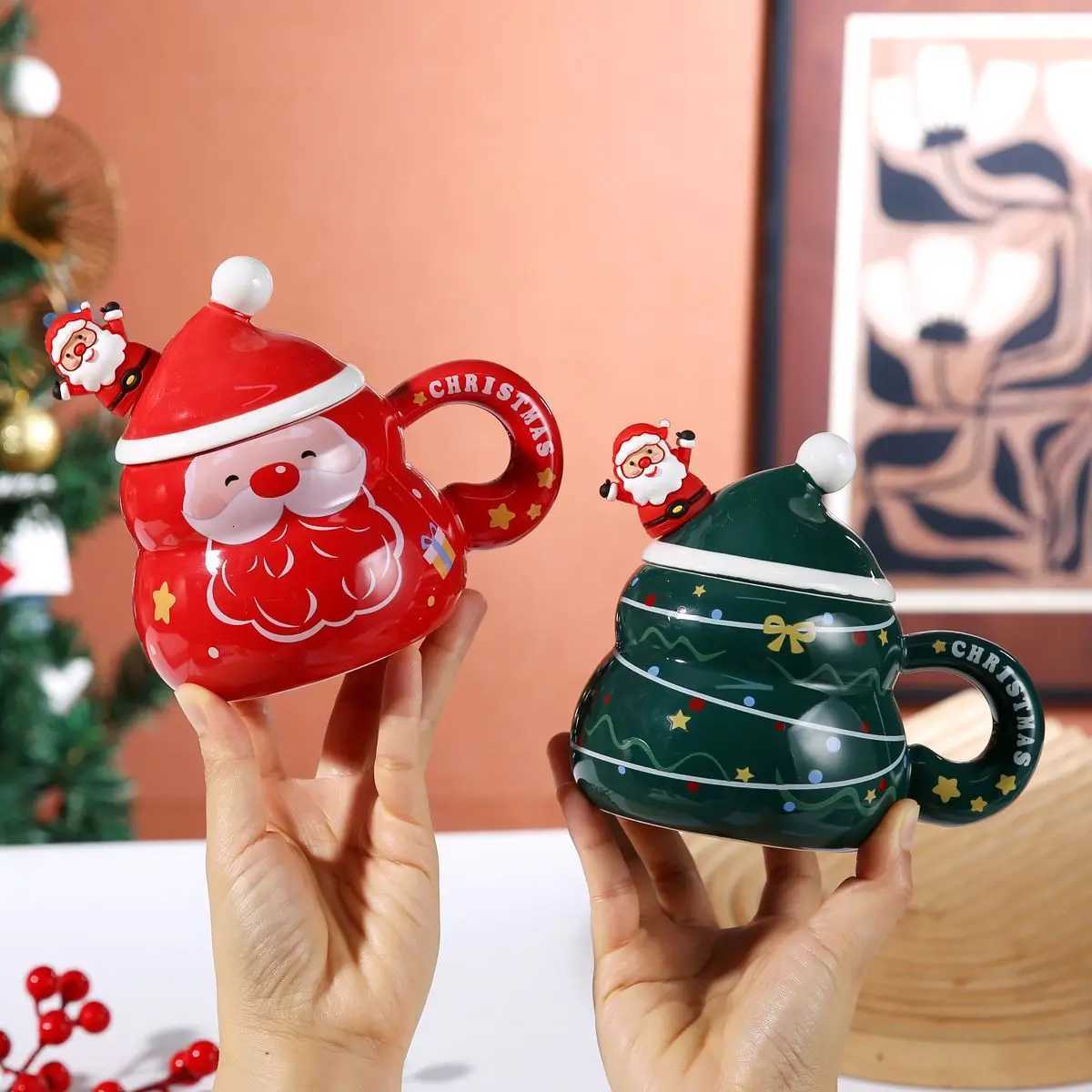 Creative Christmas Water Cup Cute Santa Claus with Lid Ceramic g Gift High Value Couple H251209