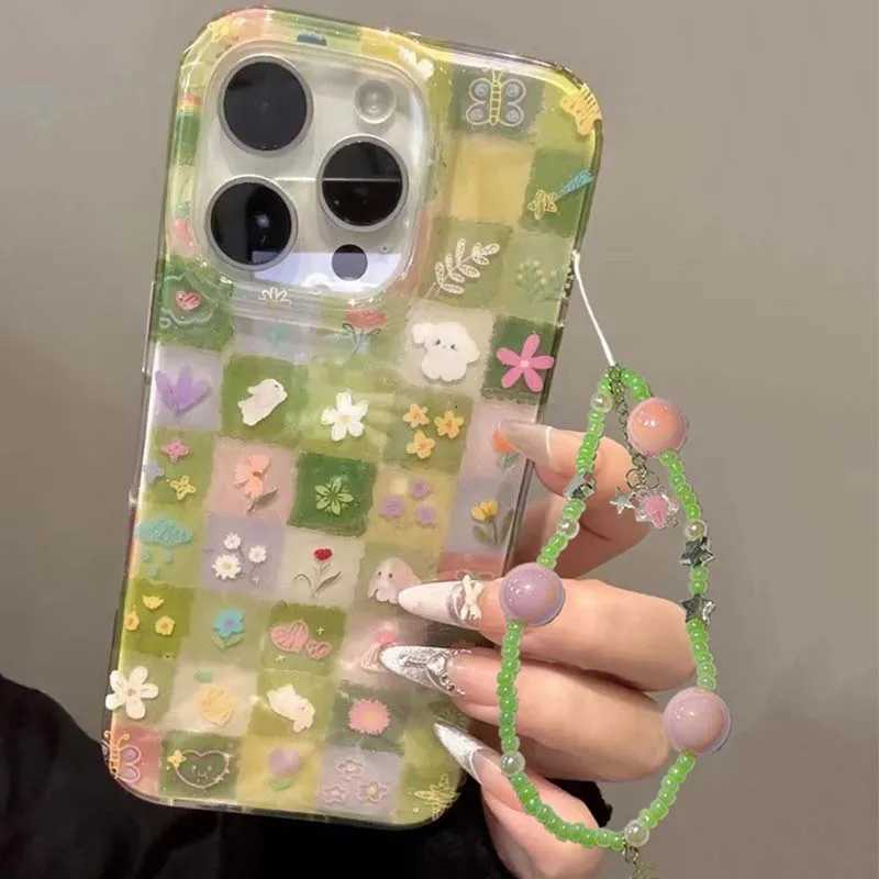 IND green grass grid pattern broken flower rabbit phone case with chain for iPhone 11 12 13 14 15 16 17 Pro Max C251209