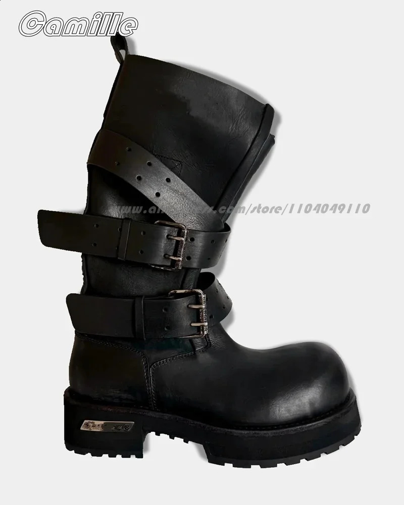 Leather Belt Buckle Strap Knee High Cool Girl Boots Big Toe Thick Sole Motorcycle Boots Round Toe Platform Casual Shoes 251201
