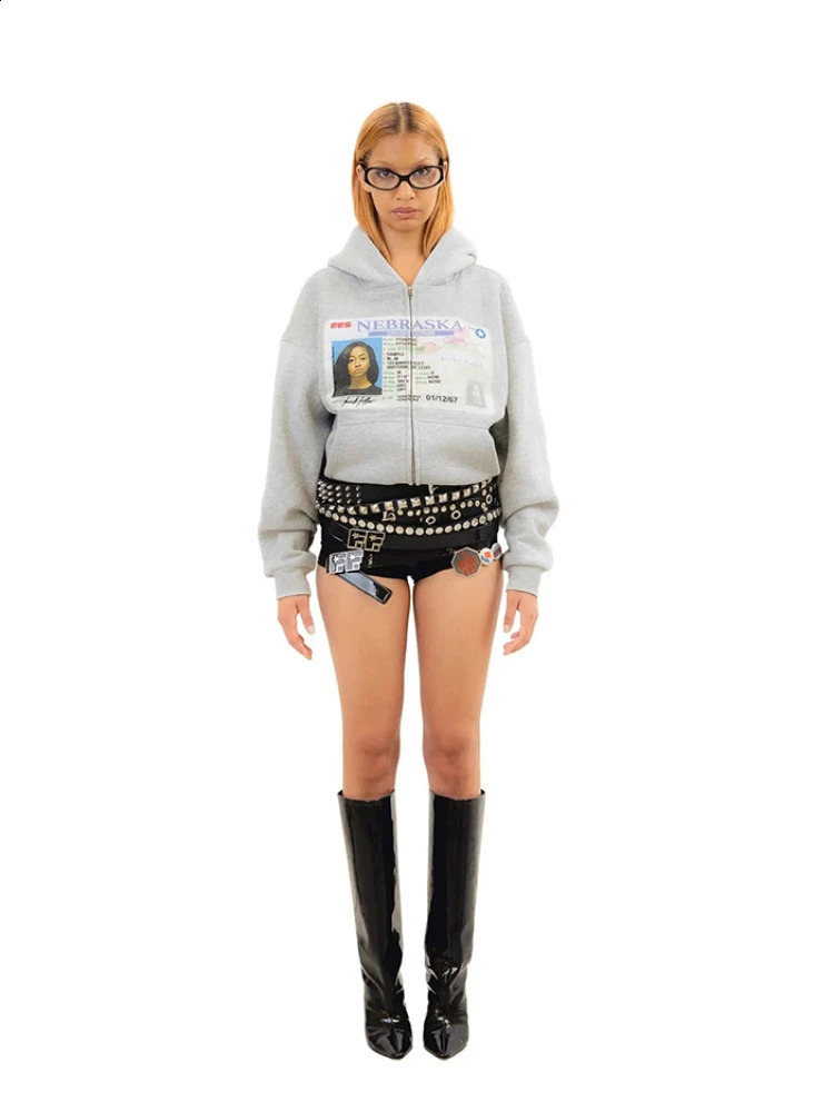 Winter Womens Retro Drivers License Print Zip-Up Hoodie Fashion Trendy Oversized Streetwear Casual Hooded Sweatshirt 2025 251209