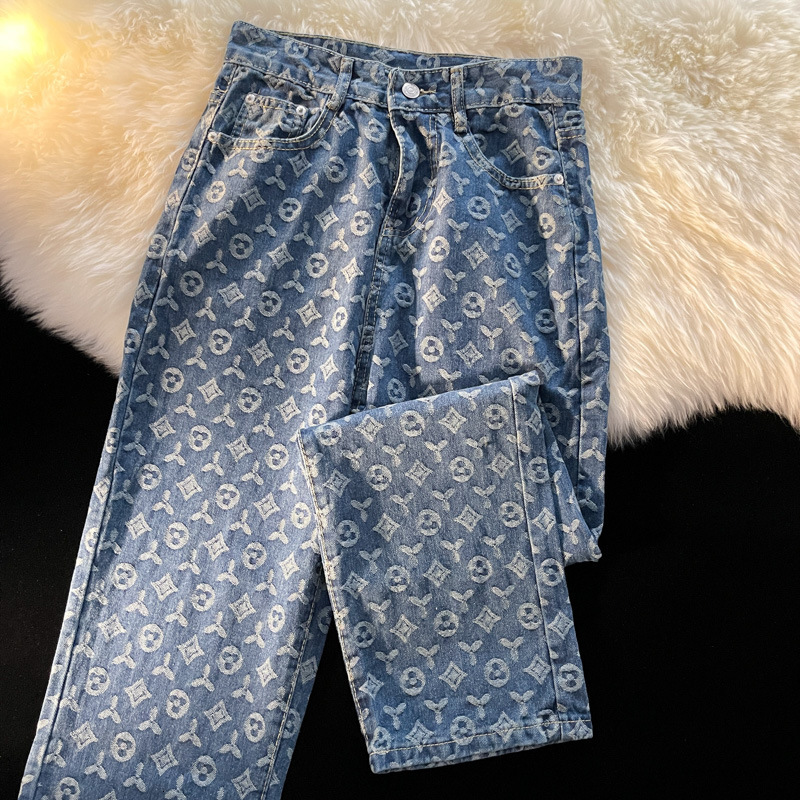 Designer Luxury Clothing Trendy Brand Full Print Jeans For Men, Loose Straight Long Pants For Autumn, Ins American Retro Vibe Style Streetwear Pants