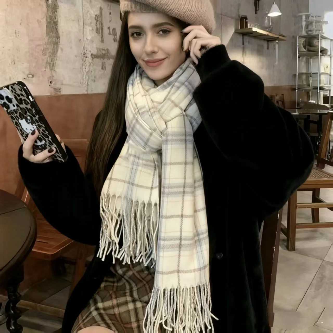 Luxury Winter Thick Warm Plaid Scarf Women Cashmere Shawl Wraps Pashmina Neckerchief Bufanda Female Rainbow Hairy Tessel Echarpe New Y251208