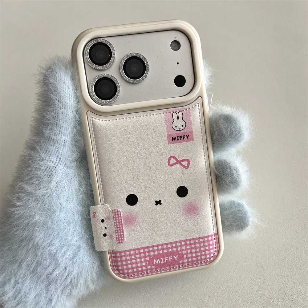 Fashion Leather Plaid Pattern Cute Rabbit phone case For iPhone 16 Pro Max 15 14 13 17 Pro With Lanyard Cartoon Protective Cover C251209