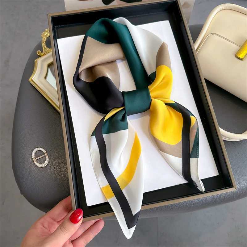 Luxury Luxury 2024 Plaid Print Square Silk Scarf for Women Hijab Hair Bands 70cm Neckerchief Female Satin Shawl Ribbon Headband Y251208