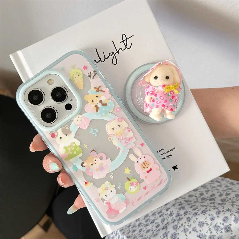 New Cute Bear Rabbit Magnetic Stand Phone Case For iPhone 16 15 14 16 prax Fundas cartoon with Girls protective cover C251209