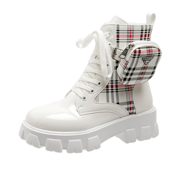 Designer shoes 2025 new classic checkered printed Martin boots thick soled lace up fashion boots for women black white pink