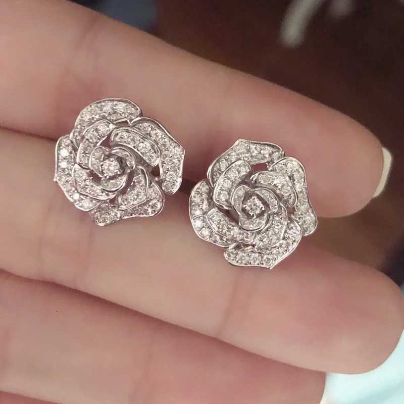 Rose Flower Shape Stud Earrings Micro Paved Zircon 925 Silver Plated Ear Jewelry For Women Temperament Bridal Engagement Banquet H260202
