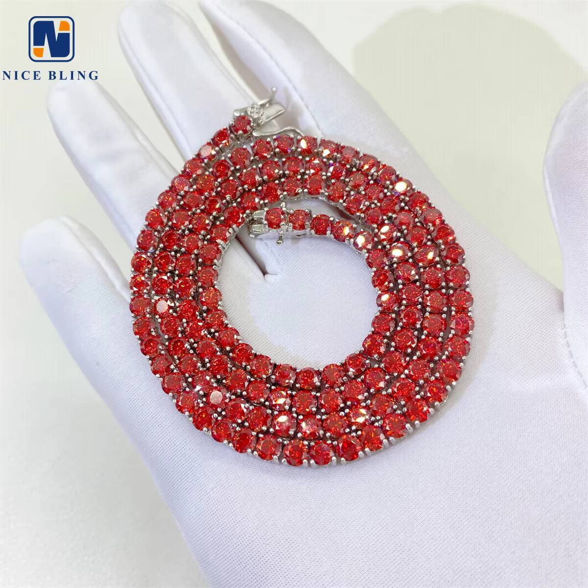 Garnet Red Tennis Chain Bling HipHop Jewelry Iced Out VVS Moissanite Diamond Necklace 4mm Colored Chain