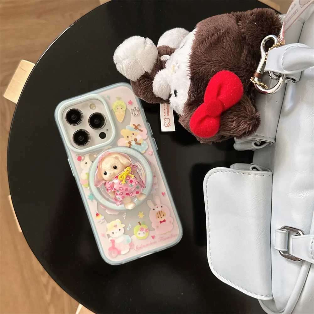 New Cute Bear Rabbit Magnetic Stand Phone Case For iPhone 16 15 14 16 prax Fundas cartoon with Girls protective cover C251209