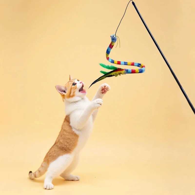Cat Teaser Toy Colorful Caterpillar Feather Plush Interactive Cat Teaser Stick Durable Bite Self High Teaser Tool Cat Toy M251209