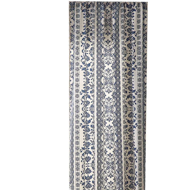 Retro cotton and linen curtains, semi-sheer, for kitchen windows or doorways, with a rod pocket, in blue. FGS901