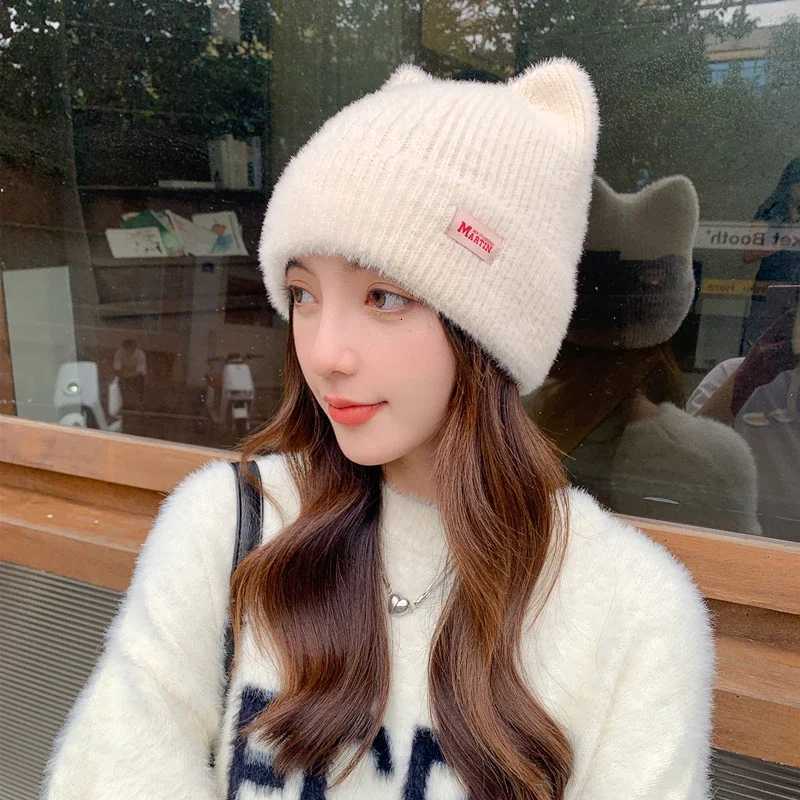 Luxury New Women Cute Cat Ear Earflap Winter Hat Fashion Faux Fur Knitted Hat Kpop Style Soft Beanie Hats Candy Female Streetwear Cap Y251209