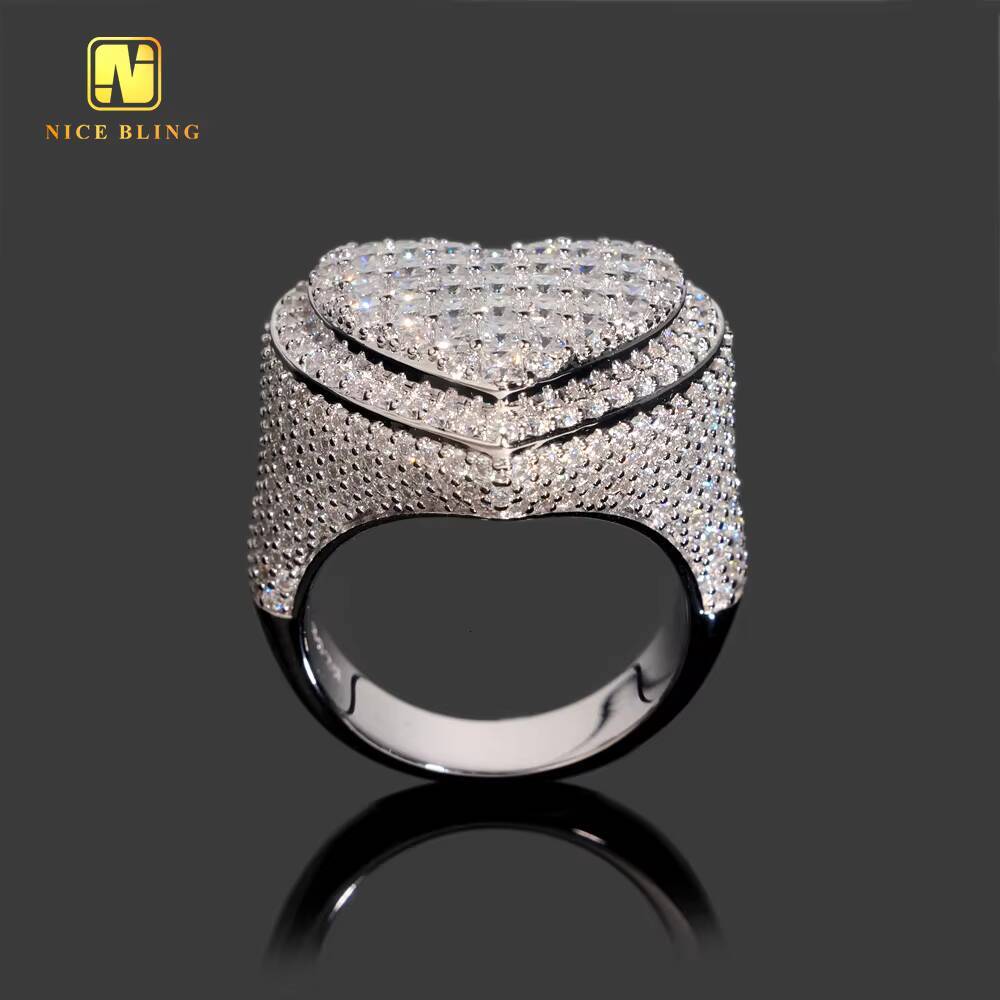 GRA Certificate Princess Cut Custom Hip Hop Rapper Ring VVS Moissanite Diamond Iced Out Jewelry 925 Silver Heart Shape Men Ring