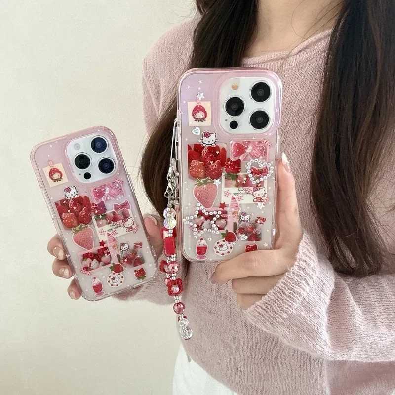 ins Korean Cute Strawberry Sticker Bling Glitter Phone Case For iPhone 16 15 14 13 Pro Max Hard IMD Cover C251209