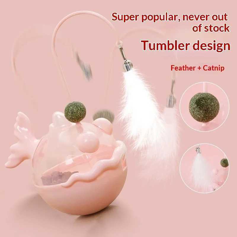 Cat Toys Wobble Treat Dispenser Feather Teaser Wand Catnip Balls Self Play Boredom Buster for Cats Pet Safe M251209