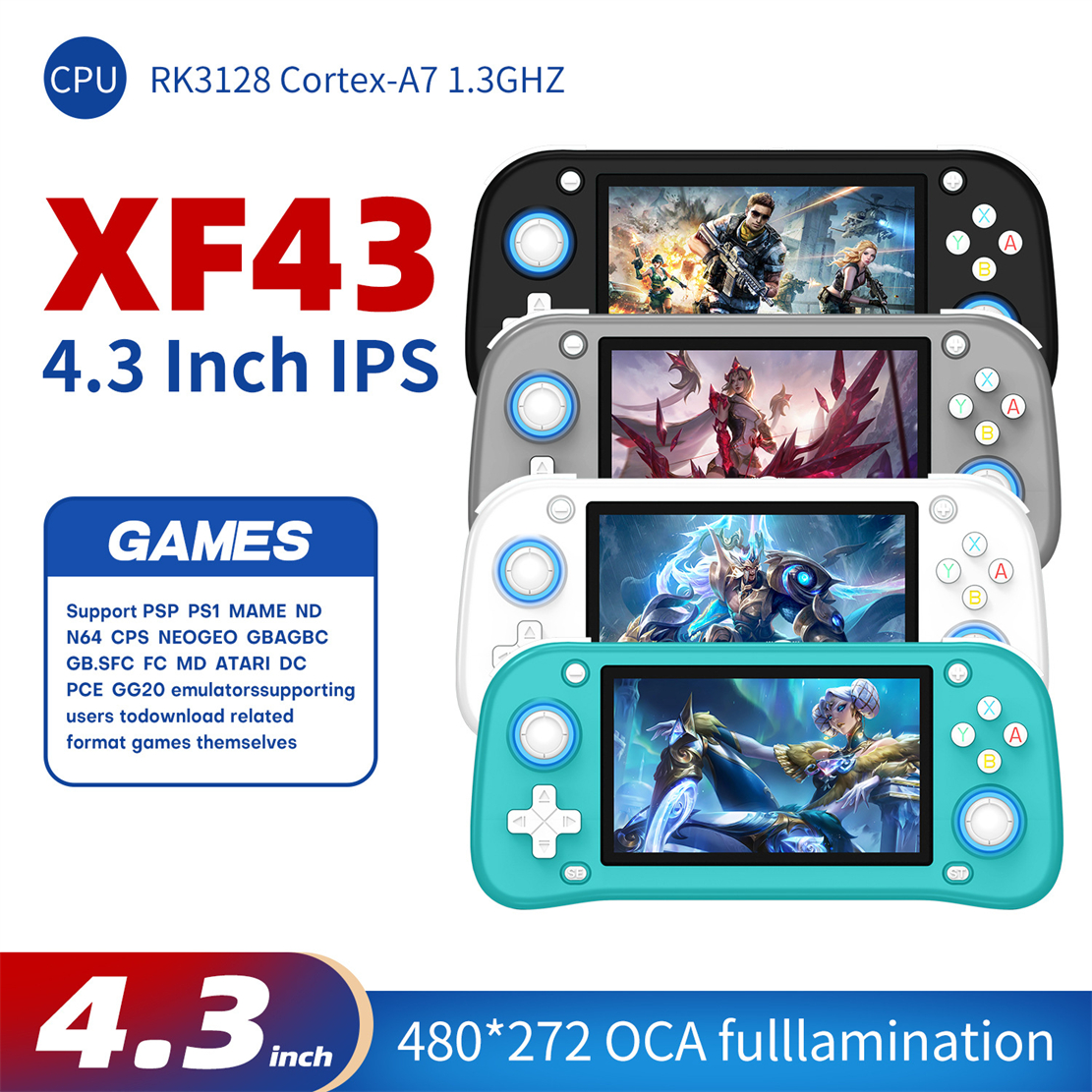 XF43 Protable Game Player Retro Gaming Console HD Display 4.3inch Handheld Game Players Open Source 64GB 30+ Emulators for PSP N64 CPS FC MD GBA