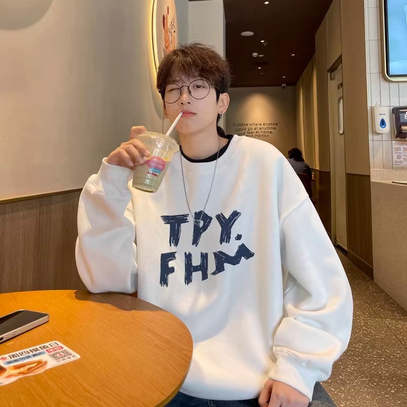 High-Quality Navy Heavyweight Fleece-Lined Cotton Crew Neck Sweatshirt for Boys: Autumn/Winter New Arrival, American Retro Style, Teenager-Friendly