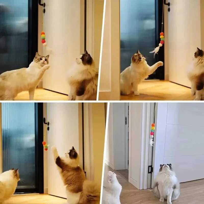 Telescopic Rainbow Hanging Cat Toy with Bell Auto Swing Feather Teaser for Self Playing Kittens Indoor Exercise Durable Bite Pro M251209