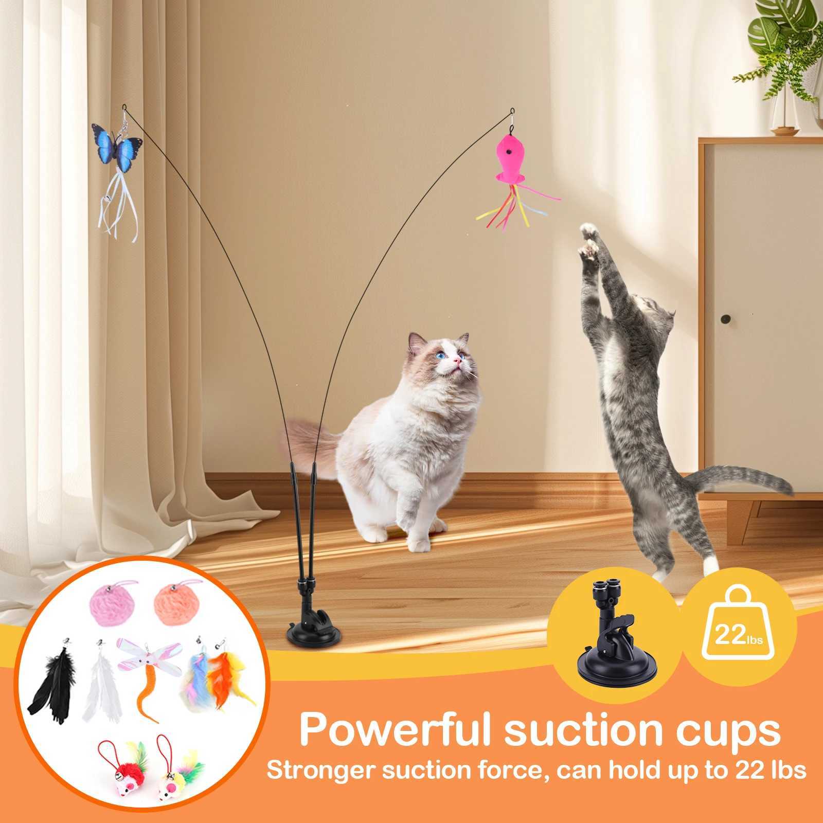 Pet Cat Toy Set Suction Cup Toy Set Multifunction Teaser Stick Set Handfree Cat Toy Stick for Cat Training Playing Accessories M251209