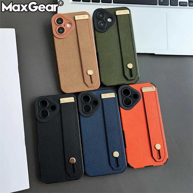Luxury Lichee Pattern TPU Leather Hand Wrist Strap Bracket Case For iPhone 16 15 14 13 12 11 Pro XS Max X XR 7 8 Plus SE 2 Cover C251209