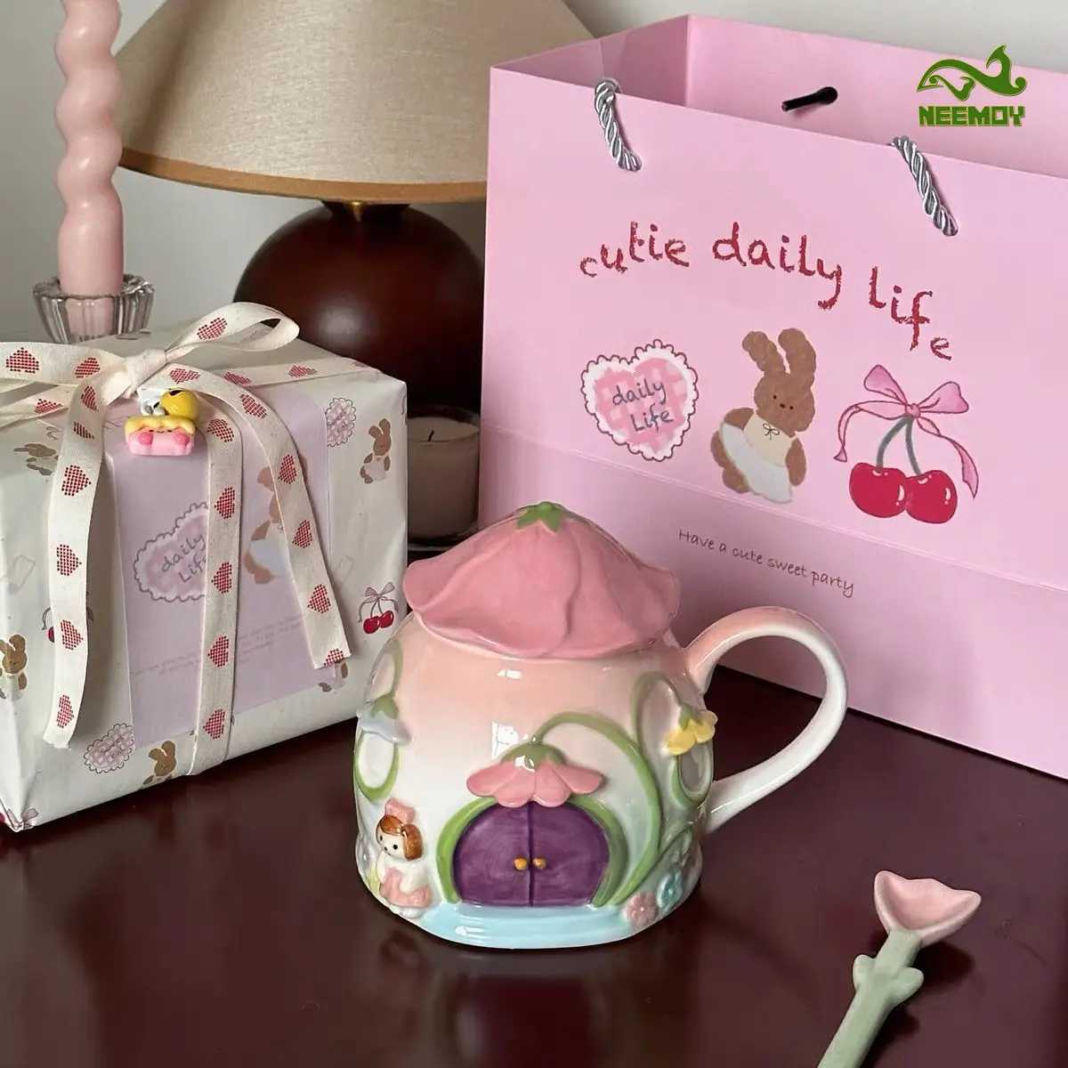Handmade Cute Girl Ceramic g with Lid Exquisite Coffee Cup with Handle Off Brage Set Restaurant and Hotel Supplies H251209