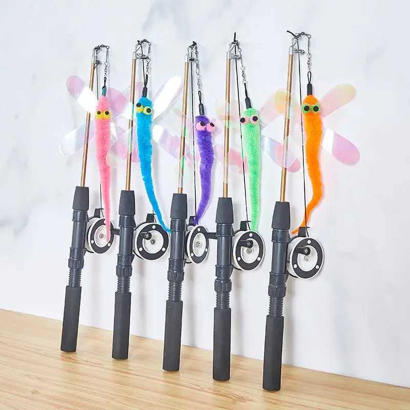 For Kitten Rods Simulation Fishing Rod 1Set Telescopic Cat Toy Fish Type Telescopic Feathers Funny Cat Stick Toys Pet Toy M251209