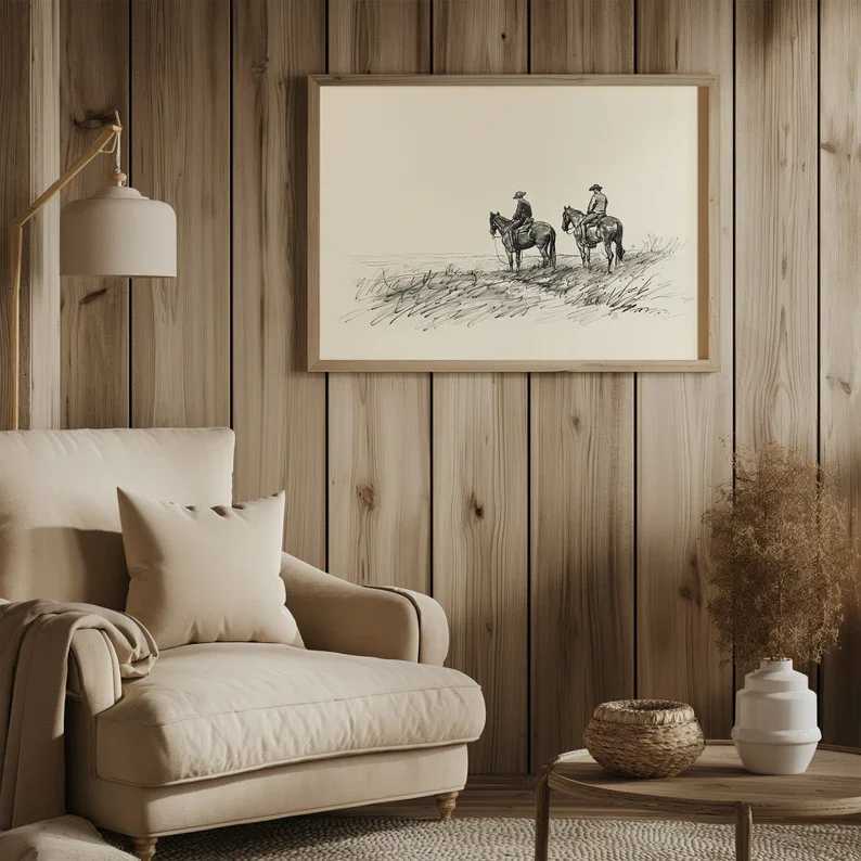 Retro Minimalist Western Cowboys on Horses Sketch Country Farmhouse Poster Canvas Painting Wall Art Pictures He Decor Gift H251208