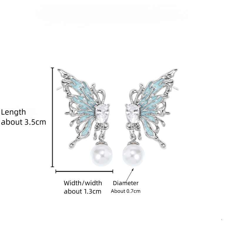 DHcollections Niche Design Ice Blue Butterfly Pearl Stud Wholesale Fresh Sweet 925 Silver Needle Zircon Earrings