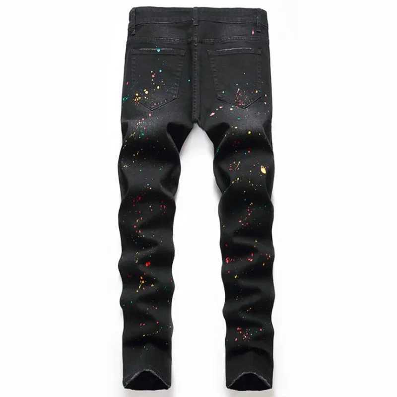 Men Casual Black Jeans Paint Slim Straight Hole Biker Jeans Autumn Jean Homme Male Denim Pants Plus Size M251209